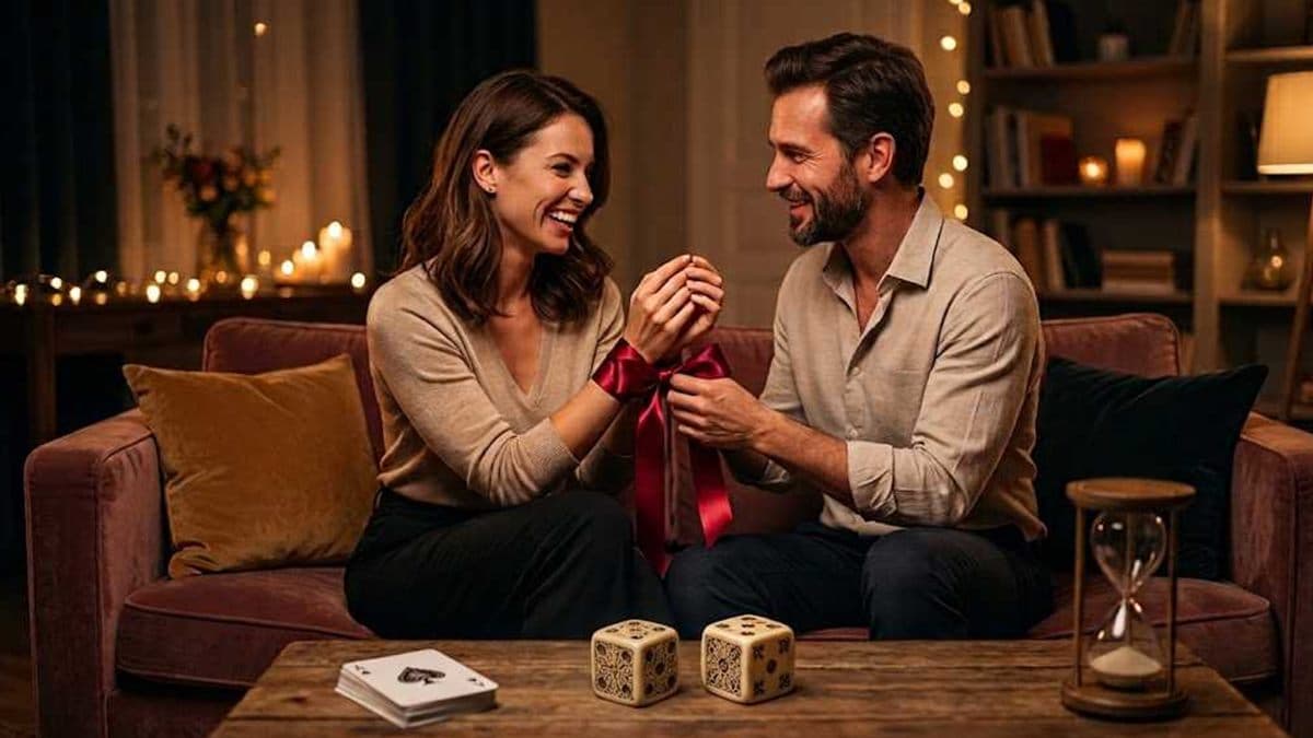 A couple sitting on a sofa, laughing as they hold a red ribbon, with two dice and an hourglass on the coffee table