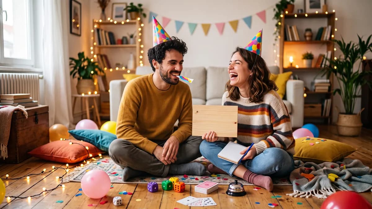 A couple sitting on their living room floor in party hats, laughing, with dice, a pack of cards and confetti scattered around them