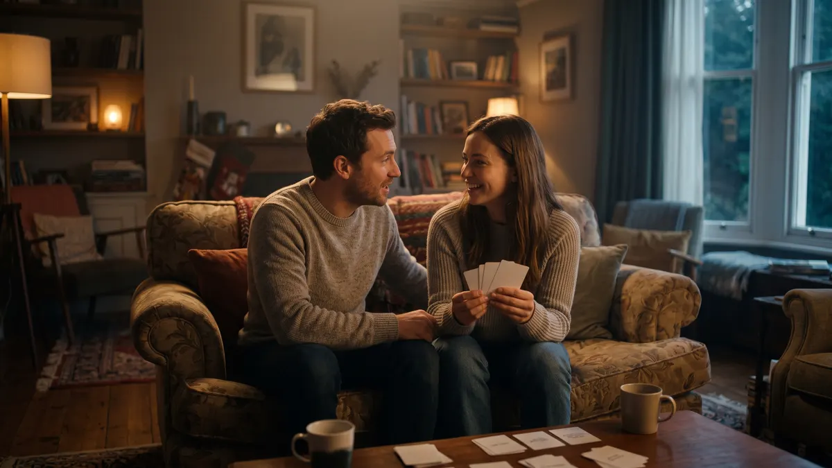 A couple on a floral sofa in a book-lined living room in the evening, smiling at each other, her holding a few cards, more spread on the coffee table between two mugs