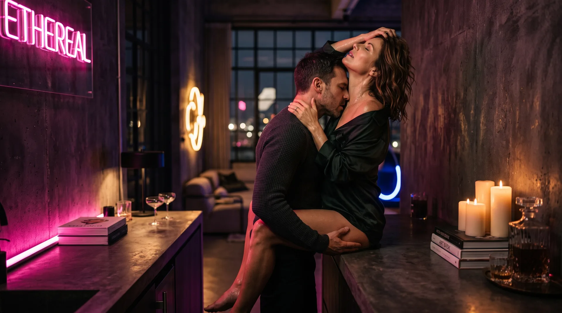 Un couple enlacé aux chandelles, elle les yeux bandés