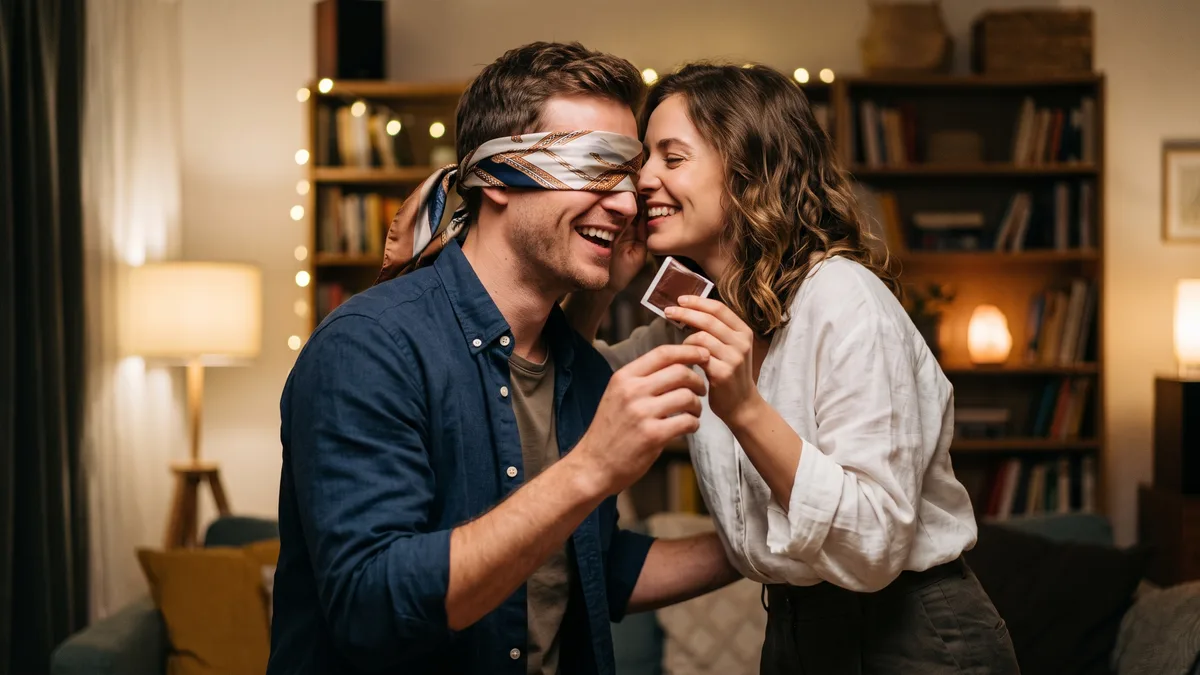 A couple laughing in a lamplit living room, the man blindfolded with a silk scarf, the woman close to his ear, cards in their hands