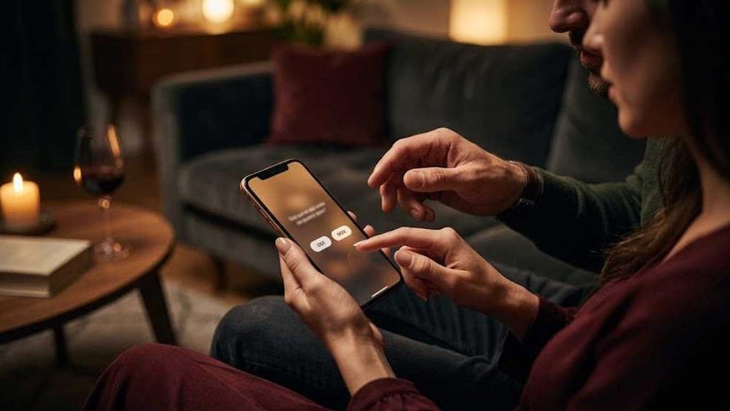 A couple lying side by side, asking each other questions from a phone