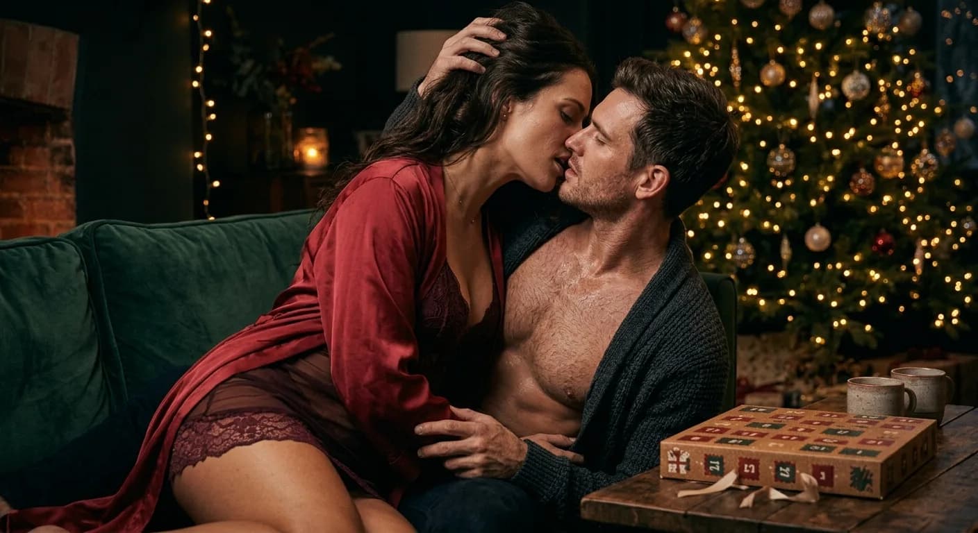 Un couple enlacé devant un sapin, un calendrier de l’Avent posé sur la table basse
