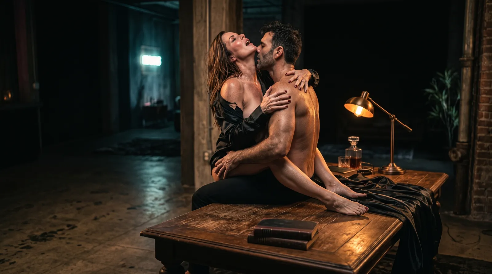 Un couple enlacé dans un loft, à la lueur d'une lampe