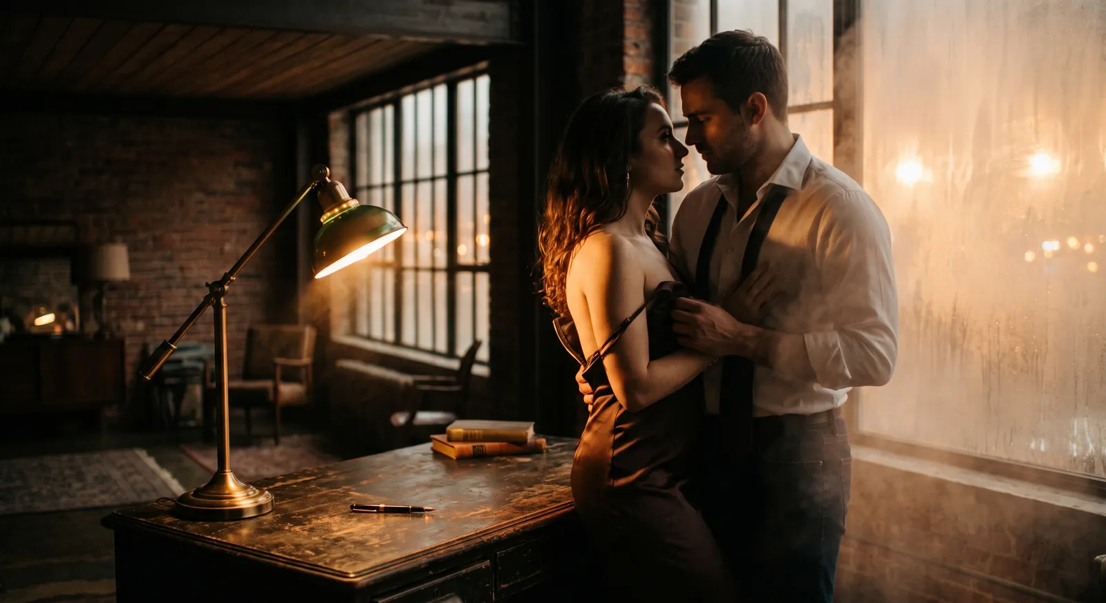 Un couple enlacé sous la lampe d'un bureau