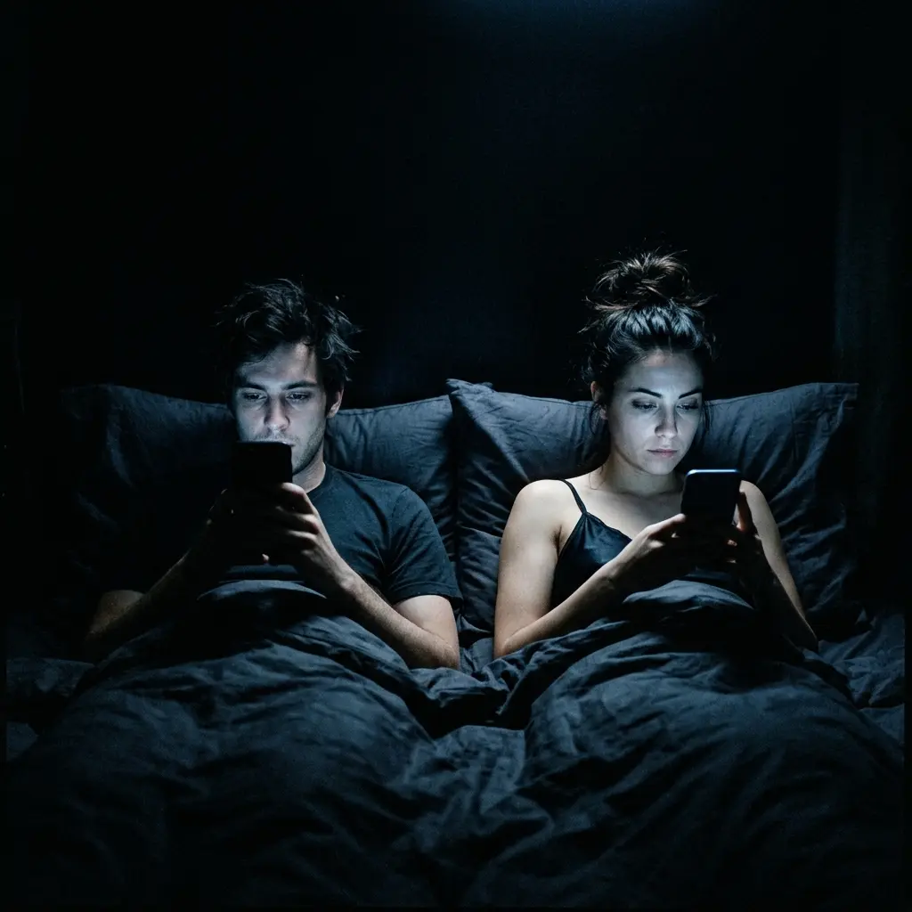 Un couple au lit, chacun sur son téléphone