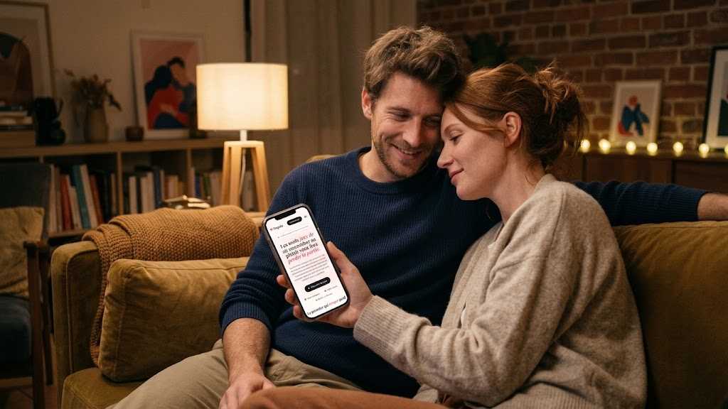 A couple sitting on a sofa, looking together at a naughty game on a phone